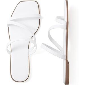 Lacuone Womens 10.5 White Faux Leather Open Toe Strappy Slide On Flat Sandals